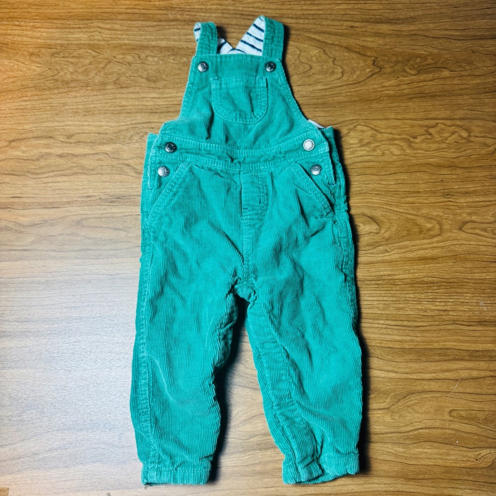 Baby Boden Green Corduroy Overalls Jersey Lined 12-18M Striped Lining Snaps